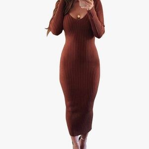 Women VNeck long sleeve bodycon midi dress